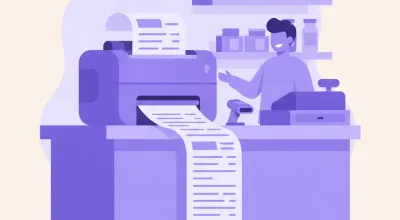 Ilustración de una impresora térmica de tickets sobre el mostrador de un comercio imprimiendo un ticket de venta