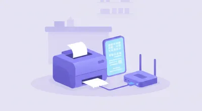 Ilustración de una impresora térmica conectada por cable de red a un router, con una pantalla mostrando su dirección IP