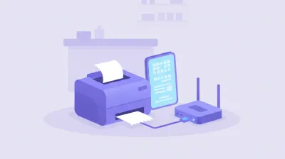 Ilustración de una impresora térmica conectada por cable de red a un router, con una pantalla mostrando su dirección IP
