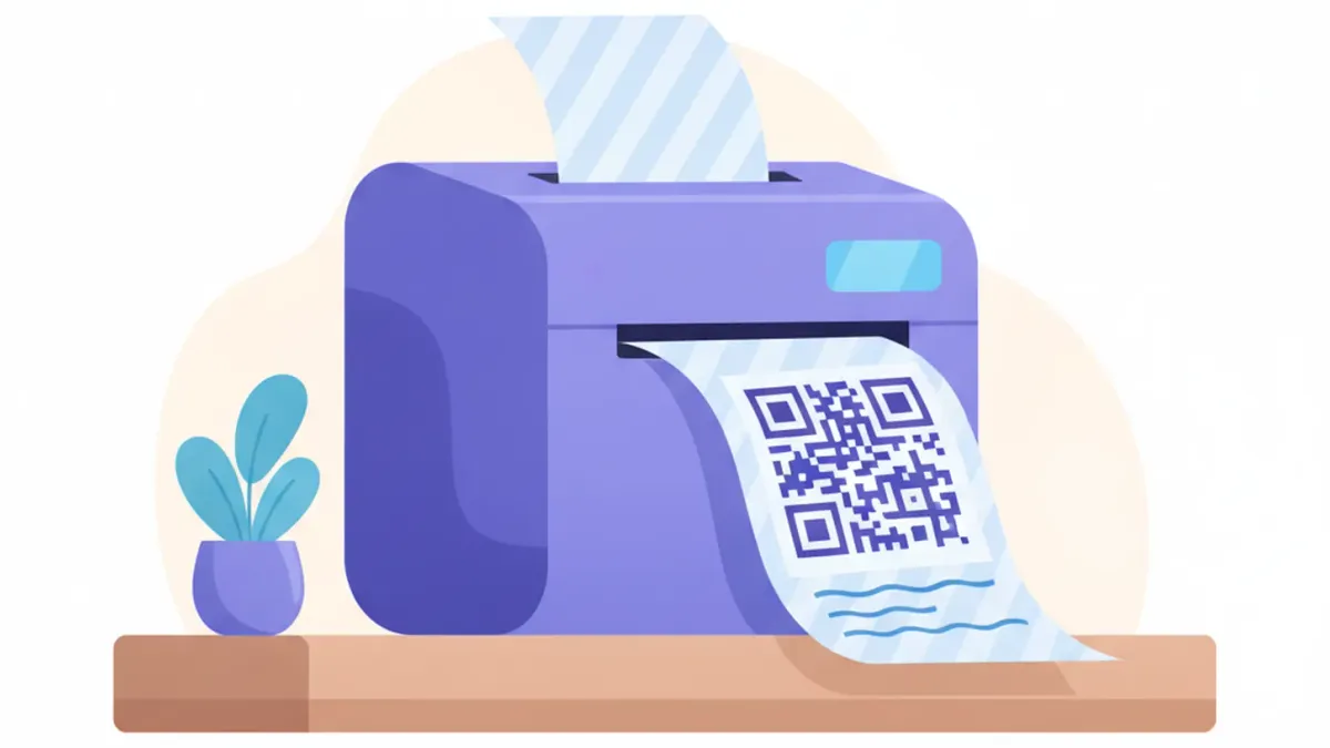 Ilustración de una impresora térmica imprimiendo un ticket con un código QR