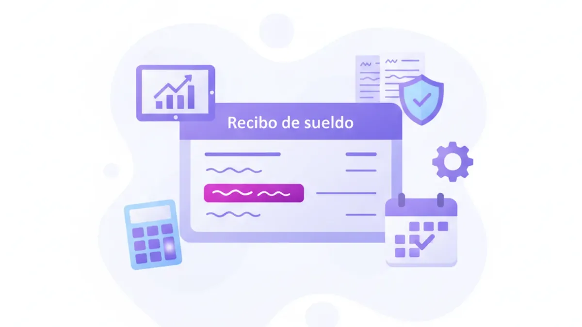 Ilustración de un recibo de sueldo argentino con el aguinaldo y el descuento de Ganancias resaltados junto a una calculadora