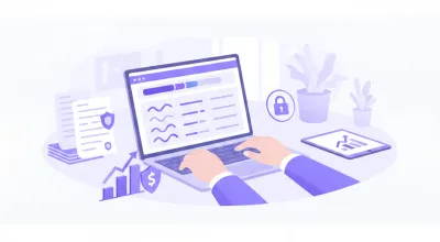 Persona revisando un resumen bancario digital en una laptop en una oficina moderna y luminosa
