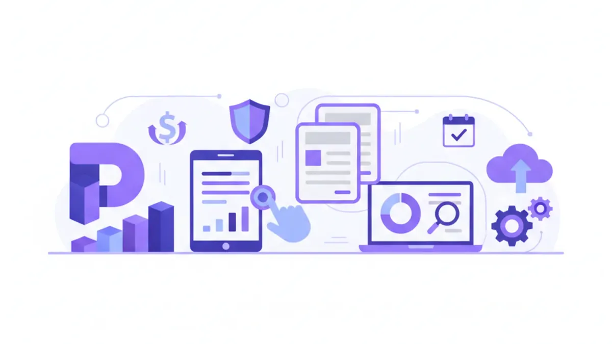 Ilustración flat vector de escala de impuesto a las ganancias con documentos fiscales y calculadora, colores violeta y azul estilo SaaS