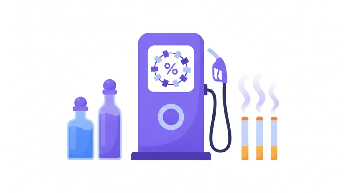 Ilustración de botellas, cigarrillos y un surtidor de combustible con un porcentaje