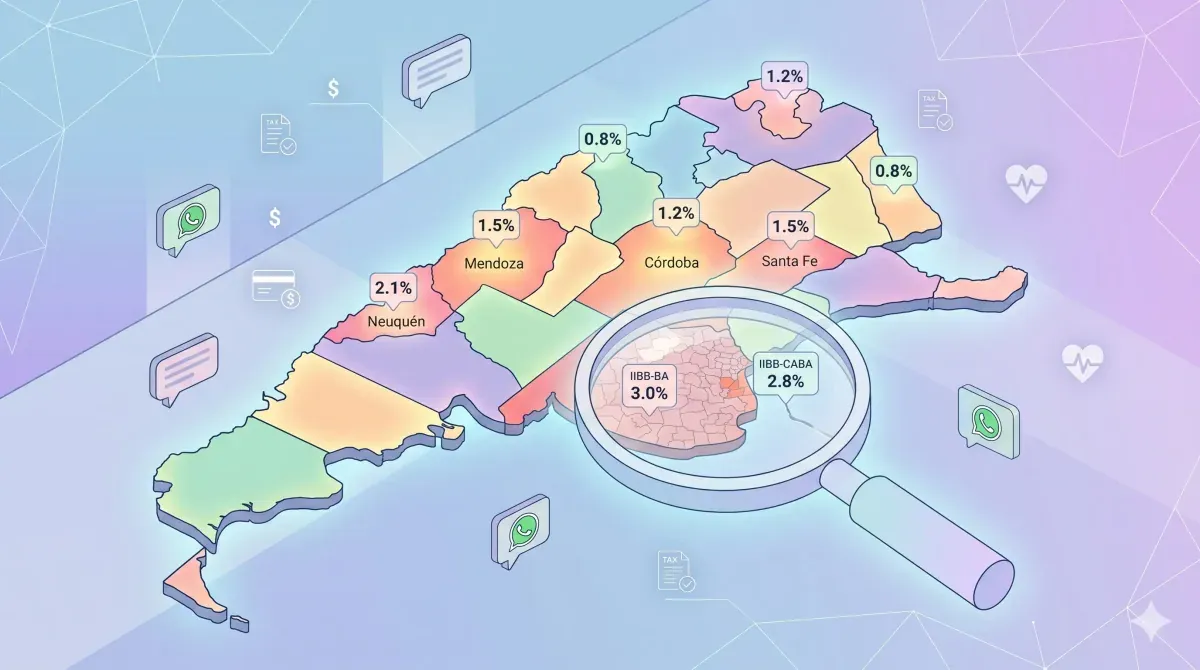 Mapa estilizado de Argentina dividido por provincias con etiquetas de alícuotas flotando sobre cada una y una lupa sobre Buenos Aires y CABA