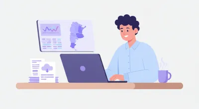 Comerciante argentino consultando Ingresos Brutos en una laptop con un mapa de Córdoba, Santa Fe y Mendoza