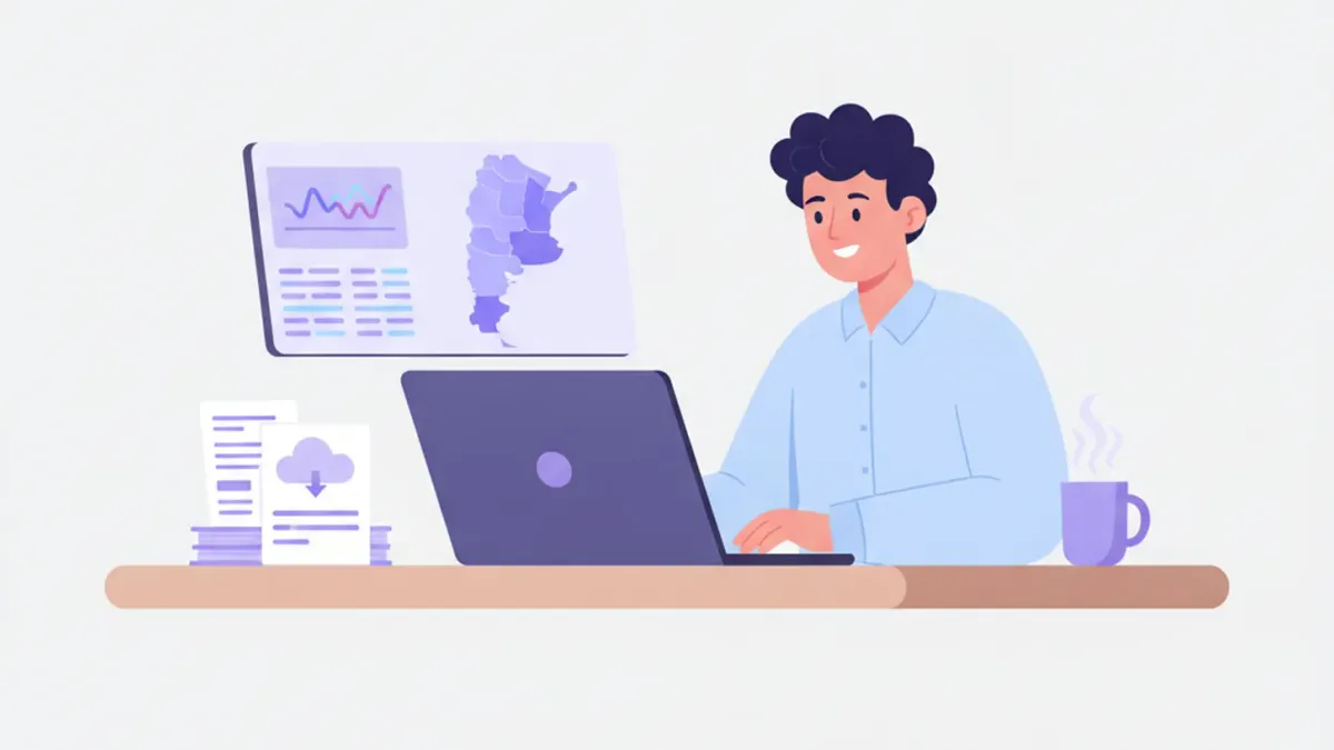 Comerciante argentino consultando Ingresos Brutos en una laptop con un mapa de Córdoba, Santa Fe y Mendoza