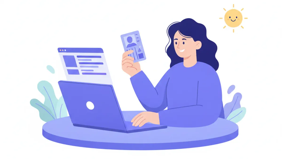 Ilustración de una persona completando un formulario en línea con un documento de identidad