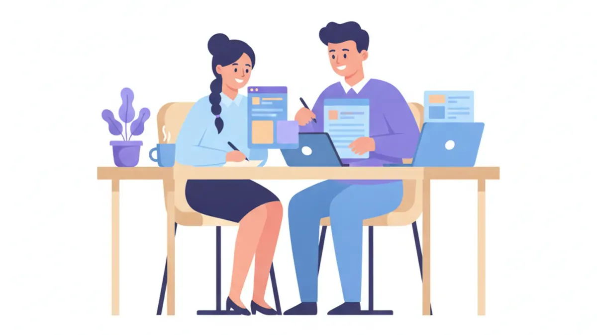 Ilustración de un emprendedor completando formularios con un empleado nuevo a su lado