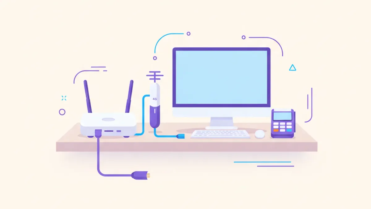 Ilustración de un router con dos conexiones de internet, una de fibra y otra con una antena 4G, junto a la PC de un mostrador de comercio