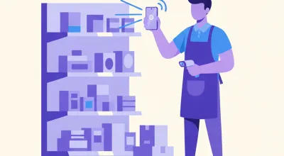 Ilustración de un vendedor escaneando productos de una góndola con la cámara del celular mientras cuenta el stock del local