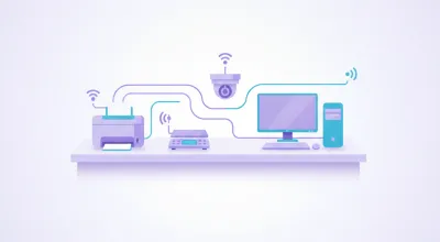 Ilustración de una red de comercio con una impresora, una balanza y una cámara marcadas con una dirección IP fija y una PC marcada con DHCP
