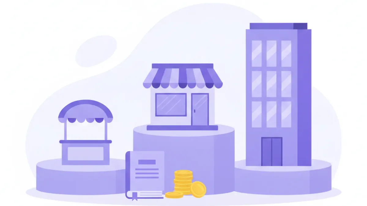 Ilustración de un pequeño puesto de venta, un local comercial y un edificio de oficinas sobre plataformas, con un libro contable y monedas