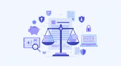 Ilustración flat de documentos fiscales y escalas de impuesto sobre fondo violeta y azul, representando el IRPF categoría II de Uruguay