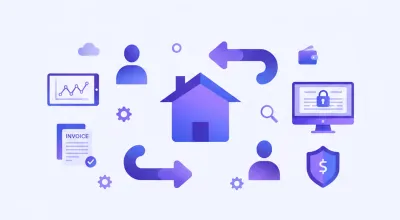 Ilustración flat vector de transferencia de inmueble entre dos personas con documentos y flechas en tonos violeta y azul
