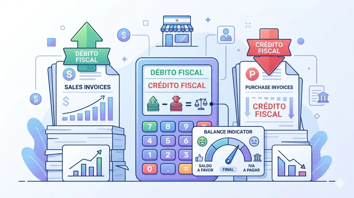 Calculadora con facturas de compras separadas y un libro de IVA mostrando el cálculo del crédito fiscal acumulado del mes
