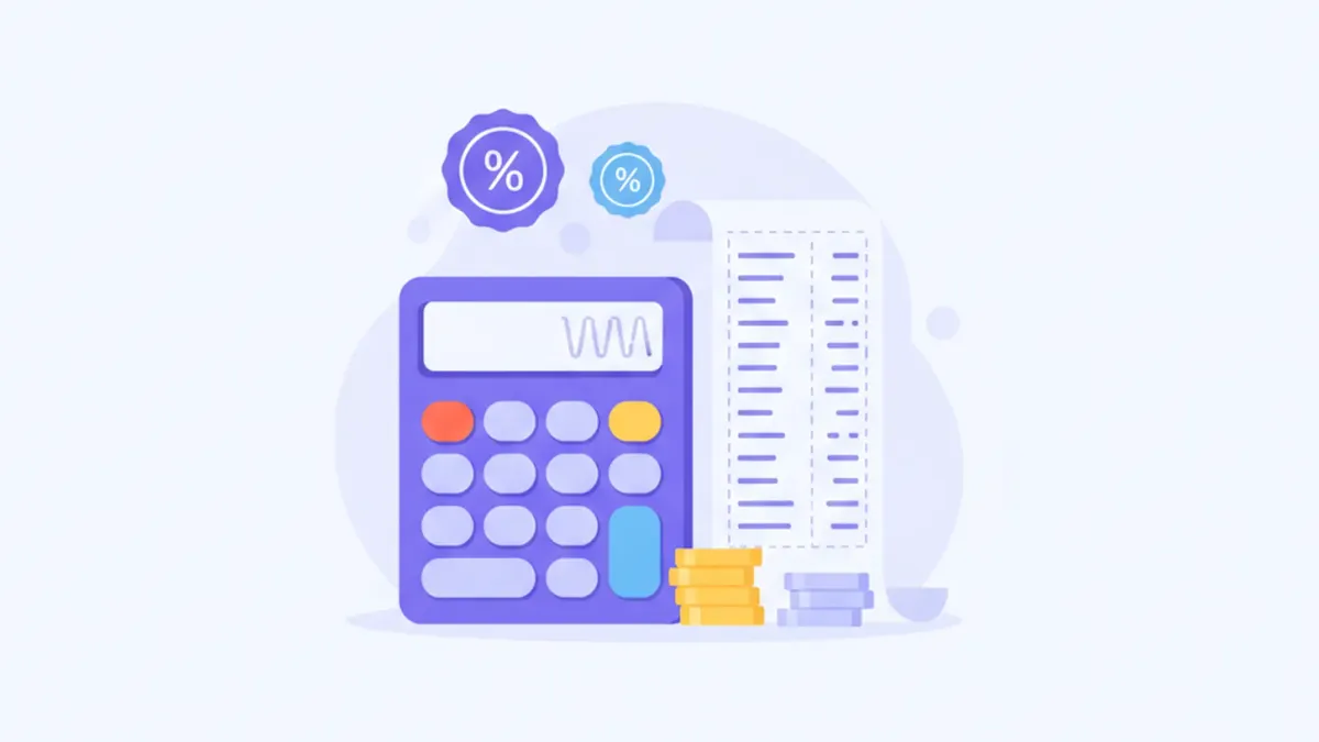 Ilustración de una calculadora junto a un ticket con dos columnas de montos, dos insignias de porcentaje y monedas