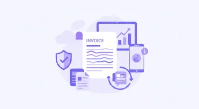 Ilustración vectorial de documentos de factura con el número 10% en tonos violeta y azul sobre fondo claro, estilo flat design