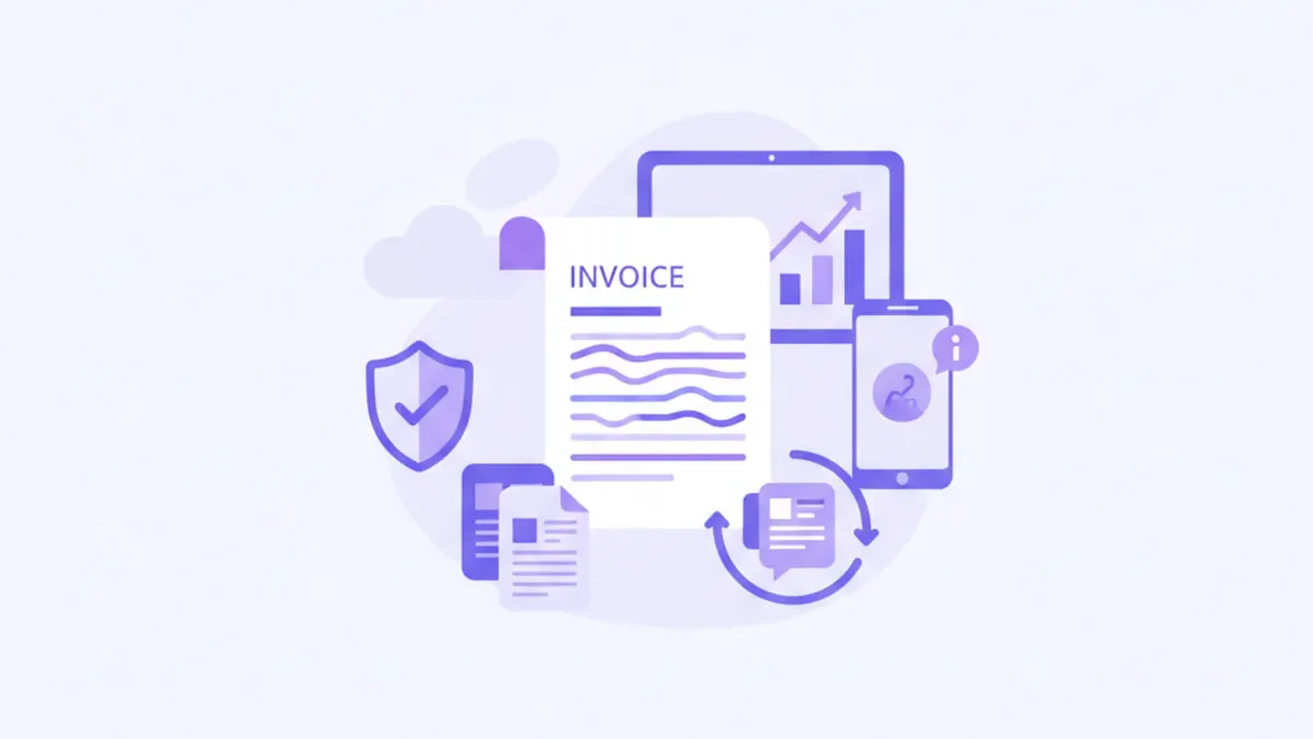 Ilustración vectorial de documentos de factura con el número 10% en tonos violeta y azul sobre fondo claro, estilo flat design
