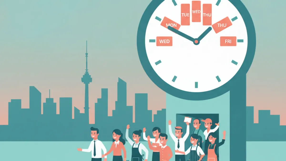 Ilustración de un reloj de pared con la semana laboral reducida y un equipo de trabajadores saliendo contentos frente al horizonte de Bogotá