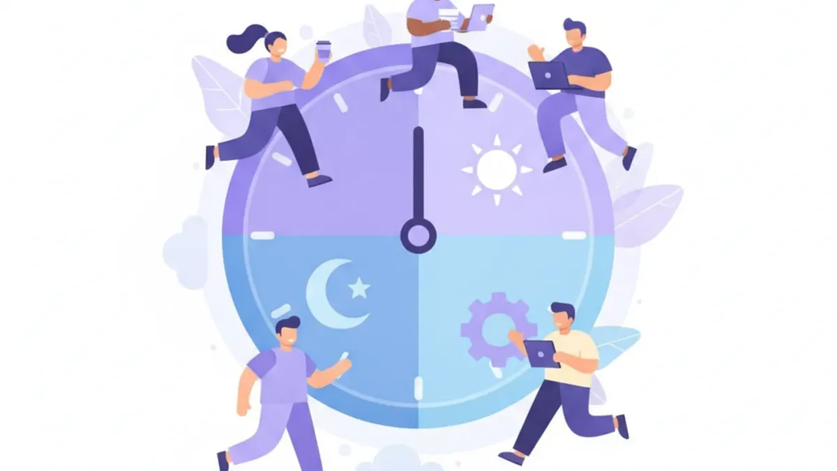 Ilustración de un reloj grande con turnos de día y de noche y trabajadores