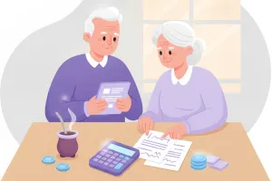 Pareja de jubilados revisando papeles con una calculadora y un mate sobre la mesa