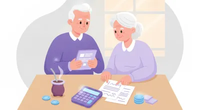 Pareja de jubilados revisando papeles con una calculadora y un mate sobre la mesa