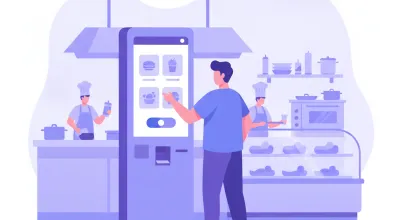 Ilustración de un cliente armando su pedido en un kiosco de autopedido con pantalla táctil dentro de un local de comidas, con la cocina al fondo