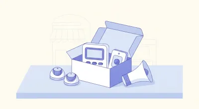 Ilustración de una caja de kit de alarma abierta sobre un mostrador con una central, sensores de movimiento y una sirena