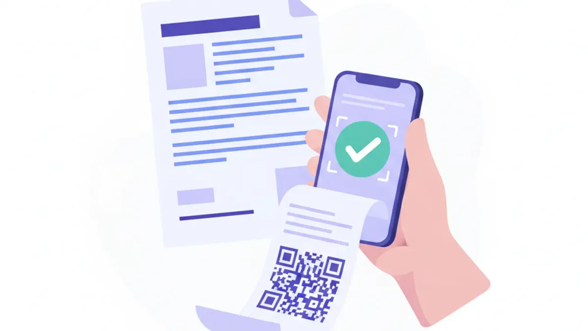 Ilustración de un ticket impreso con un código QR que un celular escanea para verificar la factura