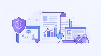 Ilustración con tablet, documentos, engranaje y gráfico de barras: cómo funciona el leasing para pymes