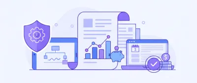 Ilustración con tablet, documentos, engranaje y gráfico de barras: cómo funciona el leasing para pymes