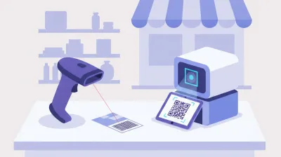 Ilustración comparativa de dos lectores de código de barras sobre un mostrador, uno con una línea láser roja y otro con un recuadro de cámara leyendo un código QR