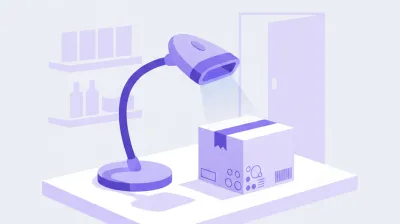 Ilustración de un lector de código de barras apoyado en una base tipo cuello de ganso sobre el mostrador, leyendo un producto sin que nadie sostenga el lector con la mano
