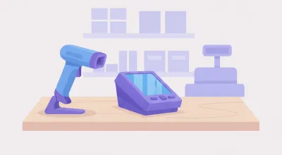 Ilustración de una pistola lectora de código de barras junto a un lector fijo omnidireccional sobre un mostrador de comercio