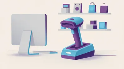Ilustración de un lector de código de barras inalámbrico apoyado en su base de carga sobre el mostrador de un comercio, sin ningún cable conectado a la PC