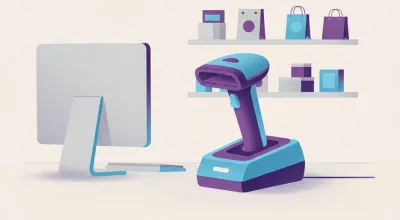 Ilustración de un lector de código de barras inalámbrico apoyado en su base de carga sobre el mostrador de un comercio, sin ningún cable conectado a la PC