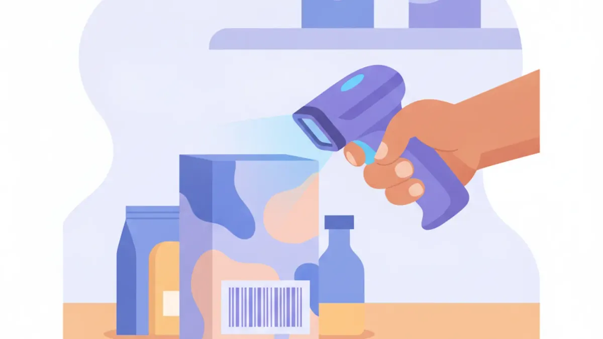 Ilustración de un lector de código de barras escaneando un producto en el mostrador