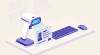 Ilustración de un lector de código de barras 2D de mostrador leyendo el frente de un DNI apoyado junto al teclado de una PC