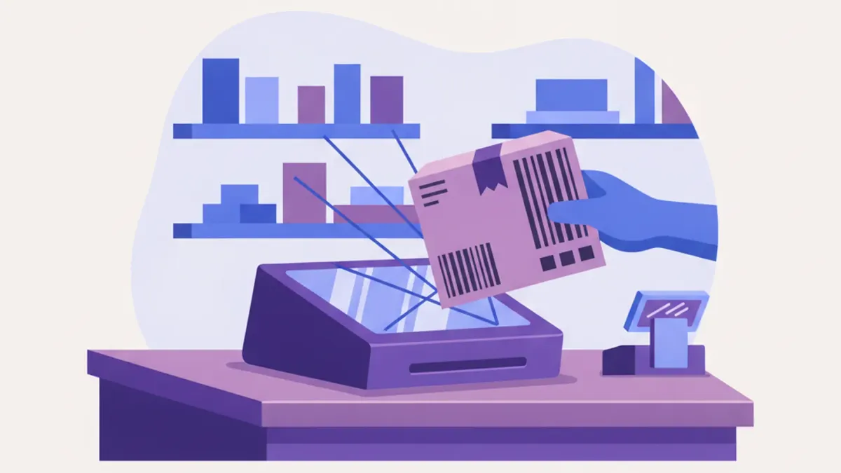 Ilustración de un lector omnidireccional fijo sobre el mostrador de un almacén leyendo el código de barras de un paquete