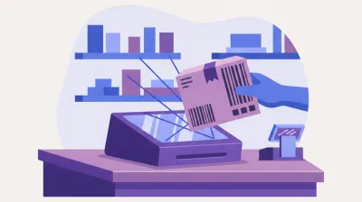 Ilustración de un lector omnidireccional fijo sobre el mostrador de un almacén leyendo el código de barras de un paquete