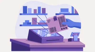 Ilustración de un lector omnidireccional fijo sobre el mostrador de un almacén leyendo el código de barras de un paquete