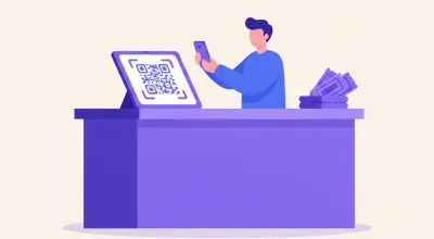 Ilustración de un mostrador con una pantalla mostrando un código QR de cobro que un cliente escanea con su celular
