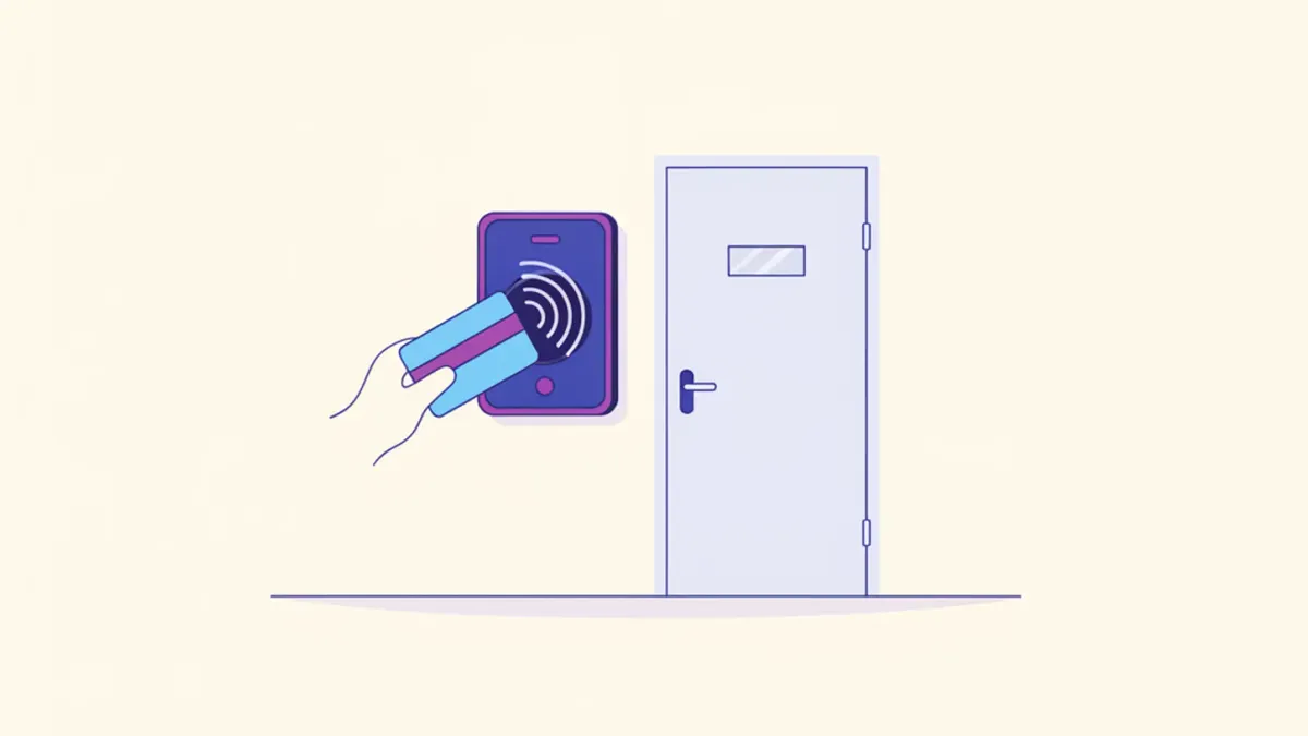 Ilustración de un lector RFID de pared junto a una puerta de depósito con una tarjeta acercándose a la antena
