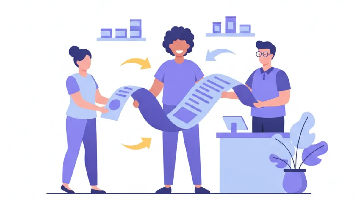 Ilustración de tres personas conectadas por un documento con flechas de pago