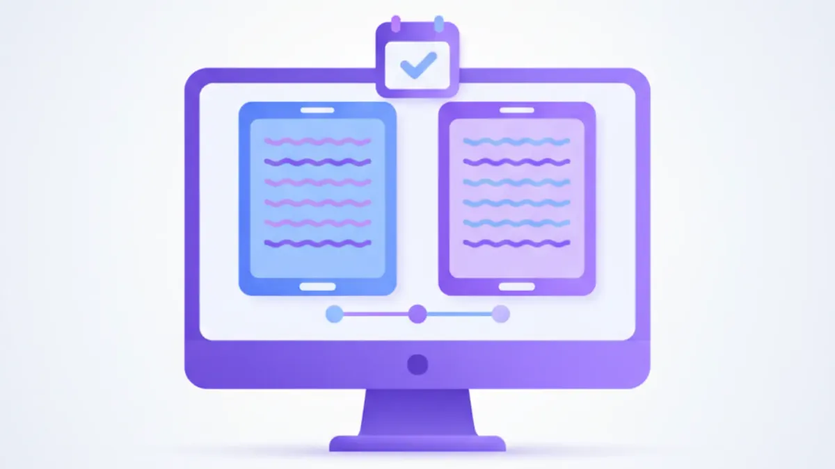 Pantalla de computadora con registros de compras y ventas, calendario y tilde de presentación, en estilo vectorial violeta