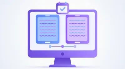 Pantalla de computadora con registros de compras y ventas, calendario y tilde de presentación, en estilo vectorial violeta