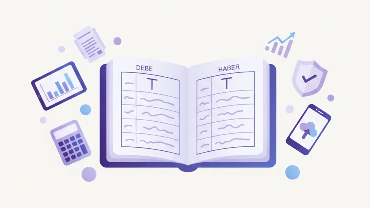 Ilustración de un libro mayor contable con cuentas T, columnas de debe y haber, y gráficos financieros en estilo flat vectorial violeta y azul