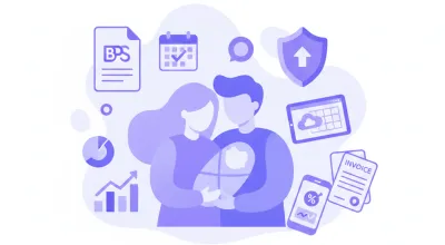 Ilustración flat de familia uruguaya con bebé recién nacido, íconos de documentos BPS y calendario de licencia maternal y paternal