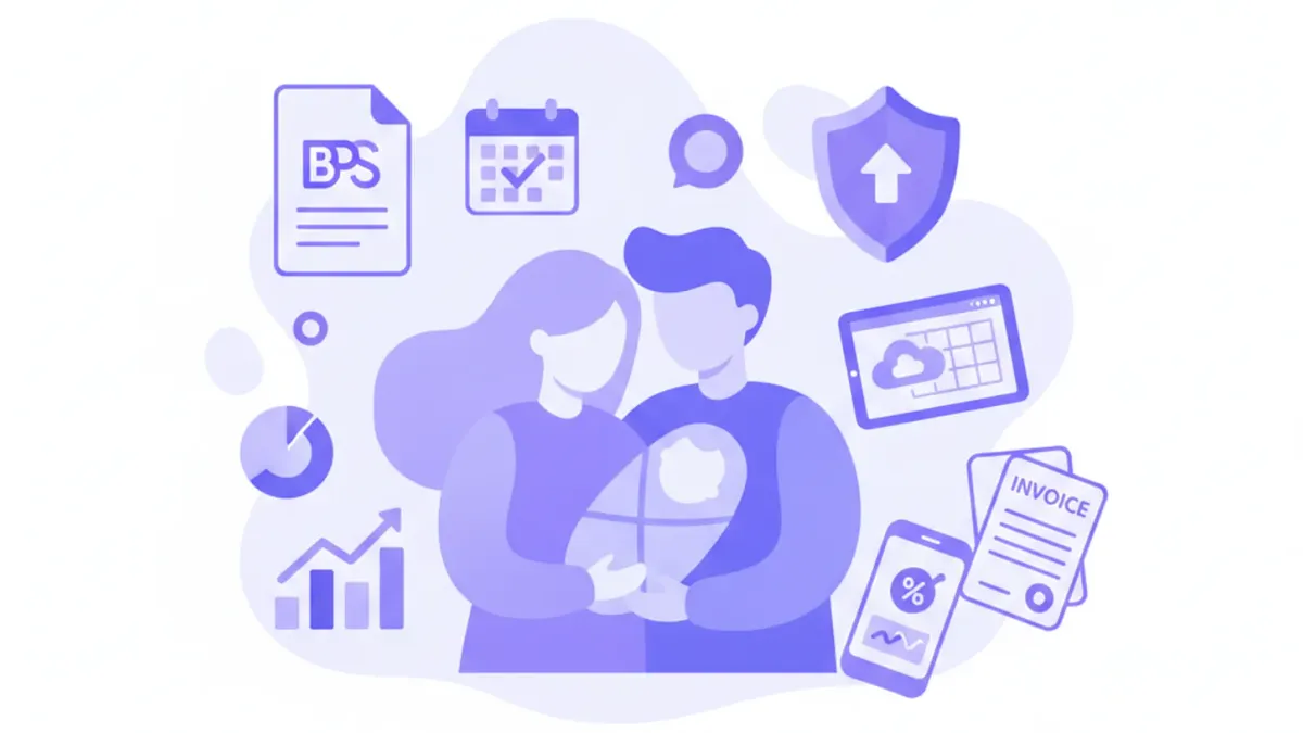 Ilustración flat de familia uruguaya con bebé recién nacido, íconos de documentos BPS y calendario de licencia maternal y paternal